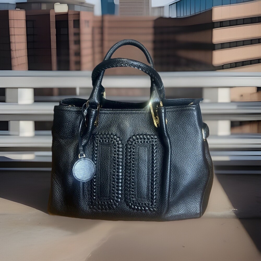DAKS London Black Pebbled Leather Satchel Bag Gold Hardware Braided Detail